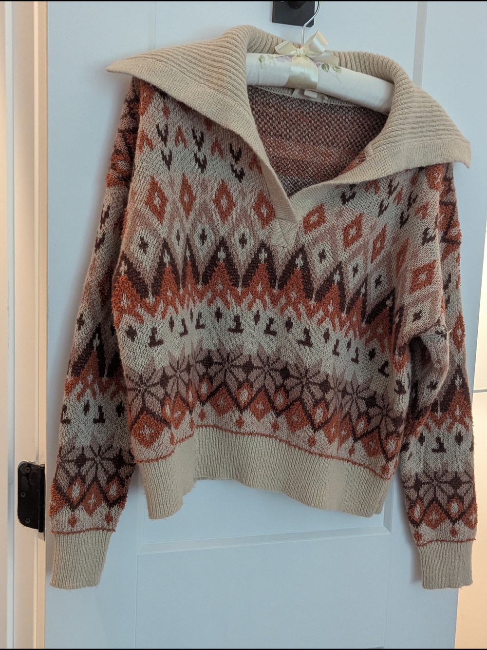 Cozy Fair Isle Cowl Sweater - Beige & Rust